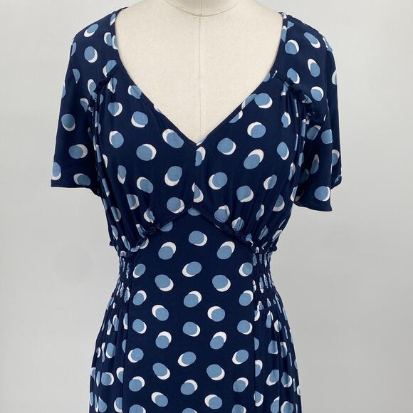 Ann Taylor Midi Dress Fit & Flare Blue Polka Dot Print Empire Waist Navy Blue S - Picture 2 of 9